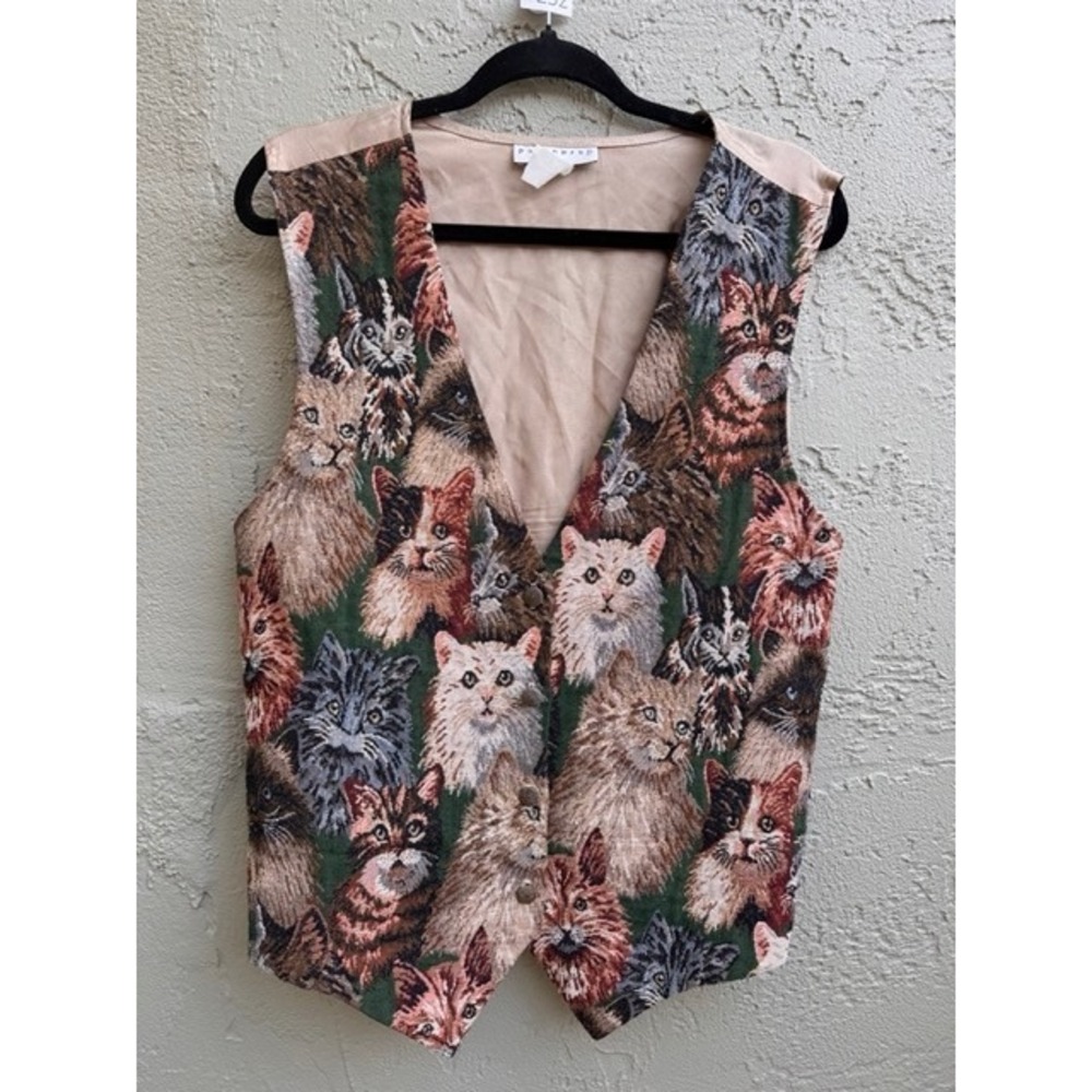 Partners II Vintage Cat Tapestry Vest Multi Color Grannycore XXL Maximalist